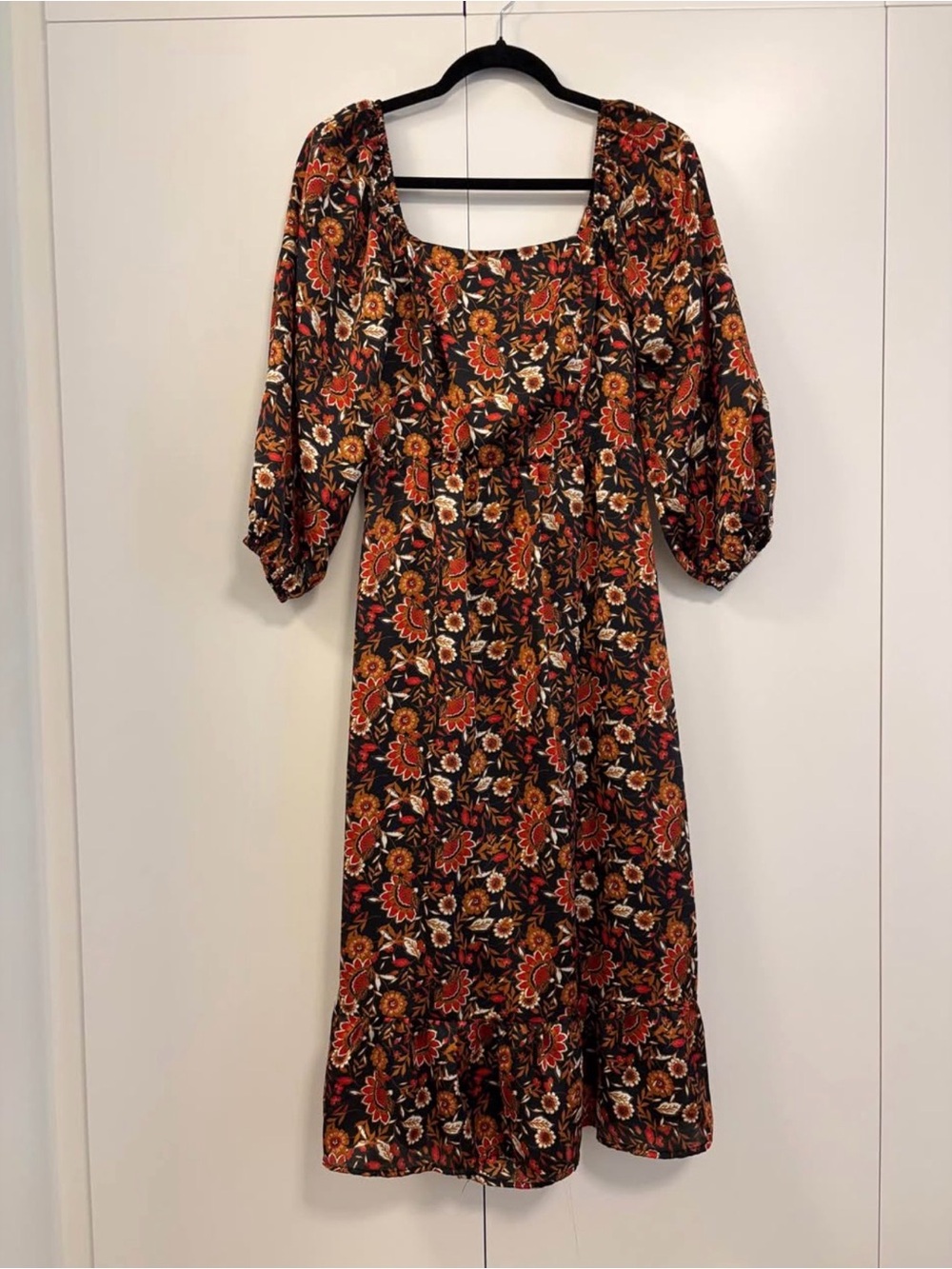 Collective Concepts Floral Square-Neck Midi Dress in Black, Rust and Cream